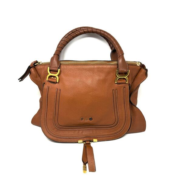 Chloe Handbags - Chloe Large Marcie Pebbled Leather Satchel Bag Tan Cognac Gold Hardware w COA